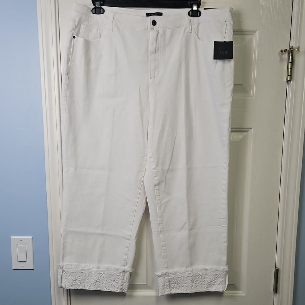 John Mark Wide Leg Cropped Embroidered Hem Denim: White: Size- 20W
